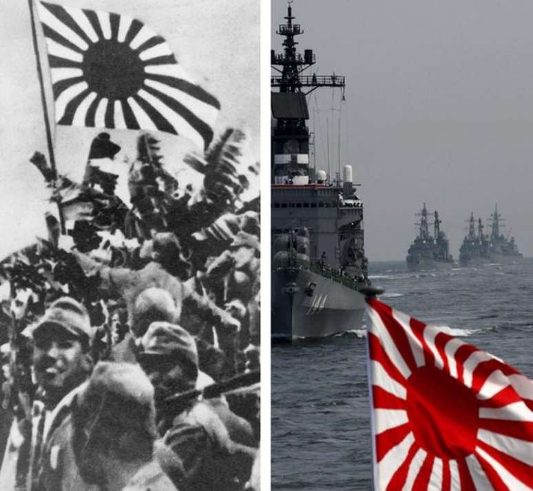 Soldados japoneses durante a Segunda Guerra Mundial e navios da atual Marinha japonesa
