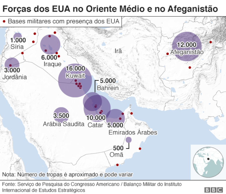 Mapa com bases americanas no Oriente Médio