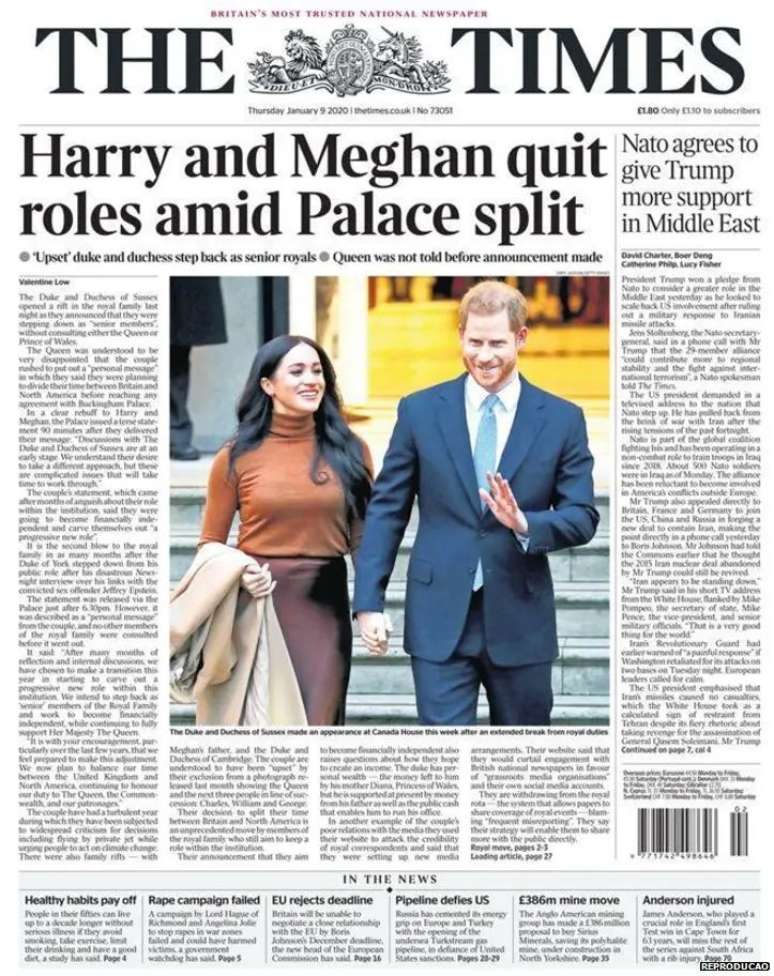 The Times, que trouxe a seguinte manchete: 'Harry e Meghan deixam seus papéis em meio a divisão no Palácio'