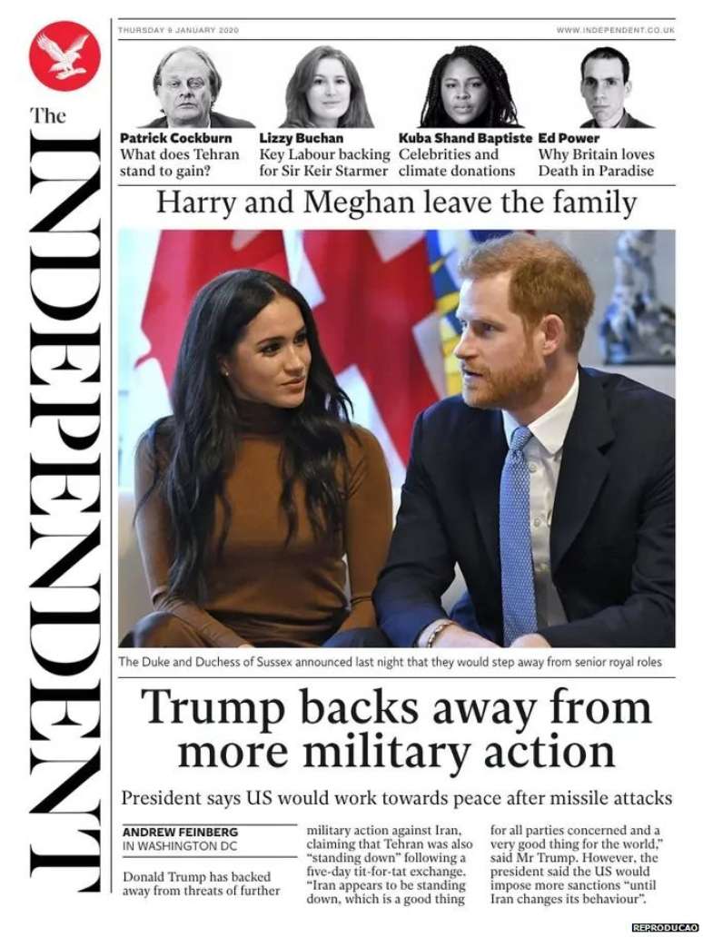 'Harry e Meghan deixam a família', destaca a chamada de capa do Independent