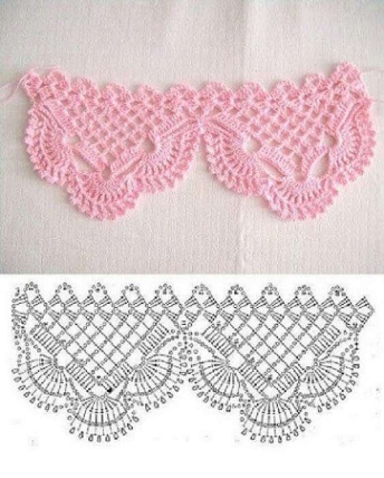 15. Gráfico e foto de modelo de bico de crochê delicado. Foto de Katia Ribeiro Crochê Moda e Decoração