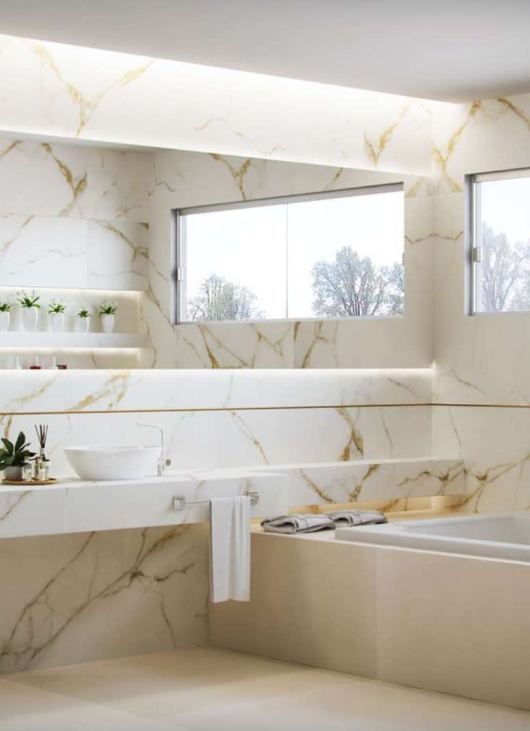 37. A bancada de porcelanato deste banheiro imita o mármore. Foto: Arch Trends