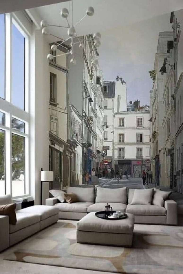 45. Decoração para sala com conjunto de sofá cinza e papel de parede 3D – Foto: Cute & Paste