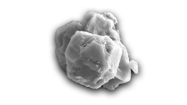 Micrografia eletr&ocirc;nica de um gr&atilde;o pr&eacute;-solar. Este exemplo tem cerca de 8 micr&ocirc;metros de comprimento