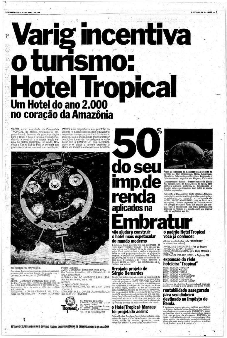 Anúncio publicitário sobre a construção do Hotel Tropical, publicado em 1968 no Estado