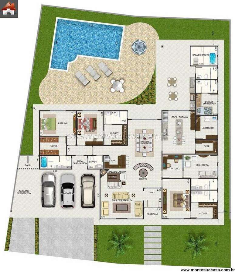 36. Planta de casa em L com piscina e 4 quadros – Foto: Pinterest