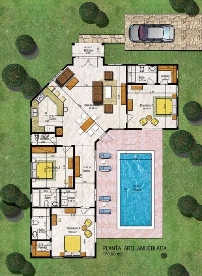 38. Planta de casa em L grande com piscina – Foto: DR Properties