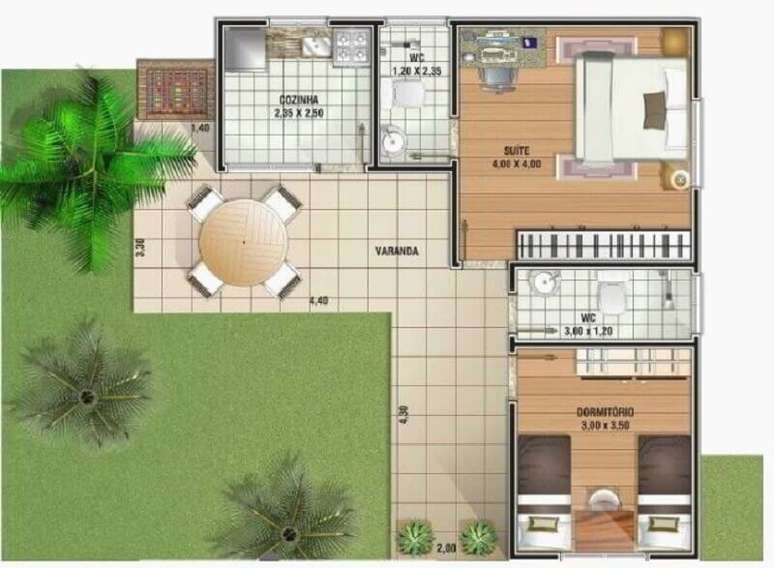 39. Planta de casa em L com varanda e dois quartos e amplo jardim – Foto: Pinterest