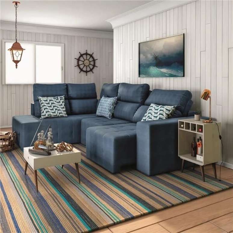 55. Sofá de canto retrátil azul para sala de estar compacta. Fonte: ShopFácil