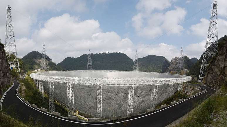 O FAST (na foto) é capaz de captar ondas de rádio em uma área duas vezes maior que o telescópio Arecibo, em Porto Rico