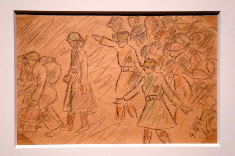 Obra de Helga Weissova, sobrevivente do Holocausto, na mostra "Rendering Witness", num museu em Nova York. 15/1/2020. REUTERS/Carlo Allegri 