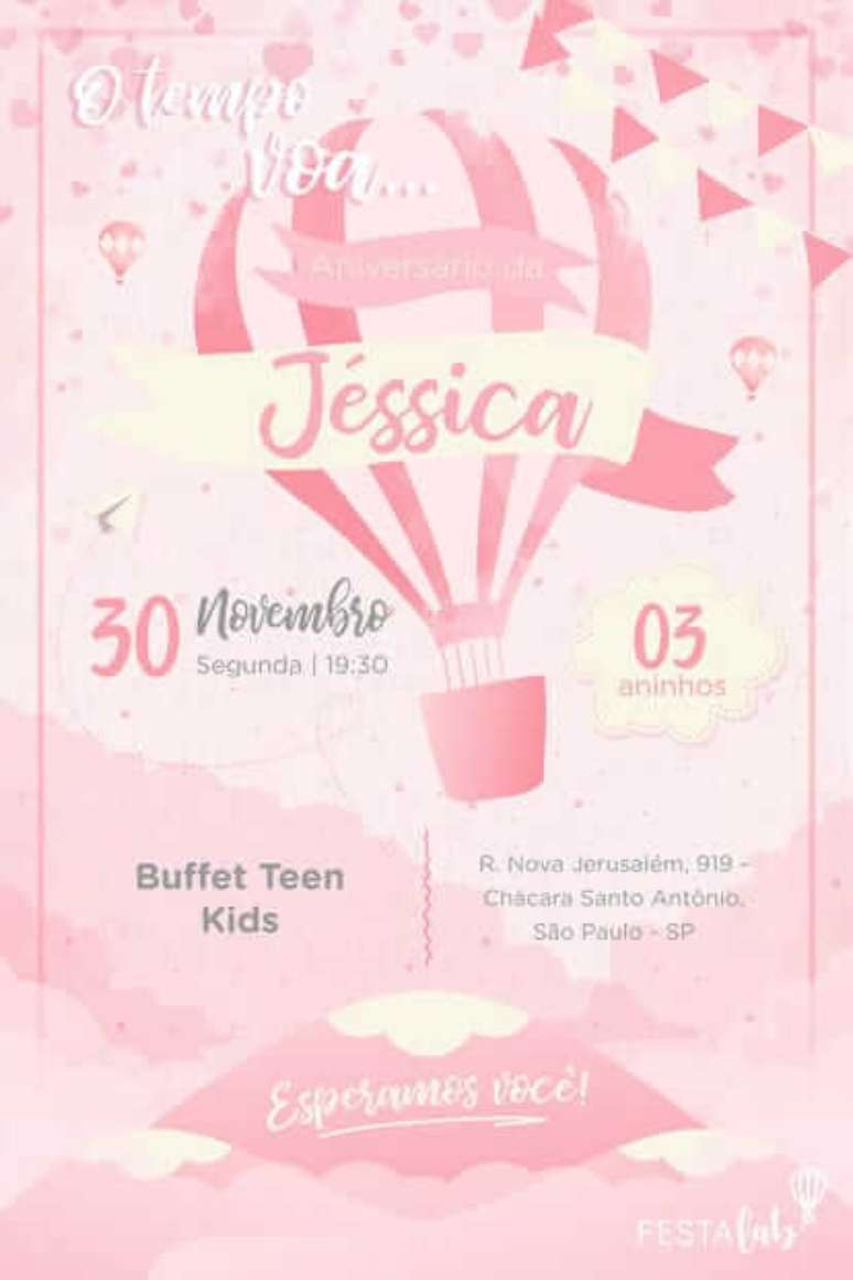 37. Convite de aniversário infantil virtual de balão rosa – Foto: Template