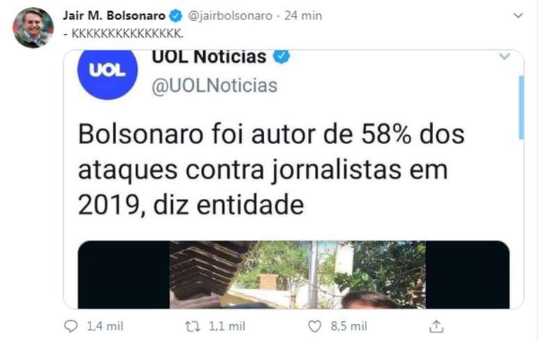 Reprodução do perfil do presidente Jair Bolsonaro no Twitter