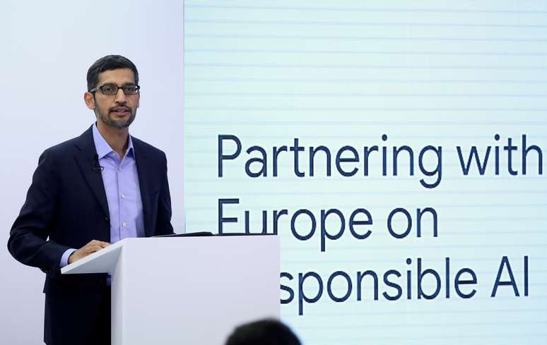 Presidente-executivo da Alphabet, Sundar Pichai, durante fala em confer&ecirc;ncia em Bruxelas, B&eacute;lgica 
20/01/2020
REUTERS/Yves Herman