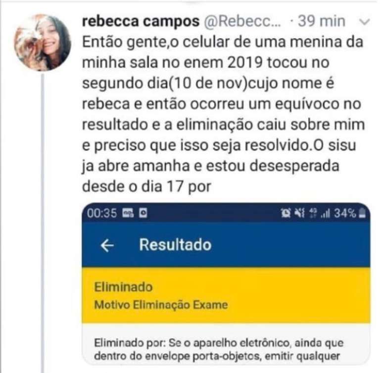 Rebeca Ferreira foi eliminada do Enem 2019 porque foi confundida com outra candidata, também chamada Rebeca, cujo celular tocou durante a aplicação do exame