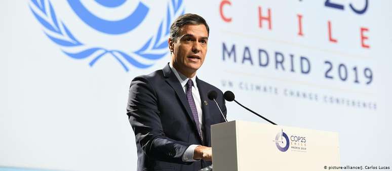 Premiê espanhol, Pedro Sánchez, durante Conferência da ONU sobre as Mudanças Climáticas, em Madri, em dezembro