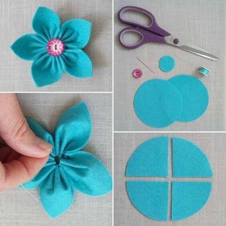 9. Flor de feltro azul com botão rosa – Foto: Crafting with Lyndsey