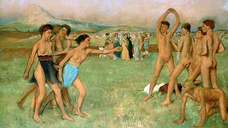 Pintura representando os espartanos se exercitando por Edgar Degas (1834-1917); esse povo da Grécia Antiga acreditava que a disciplina era ingrediente fundamental na criação dos melhores soldados desde cedo