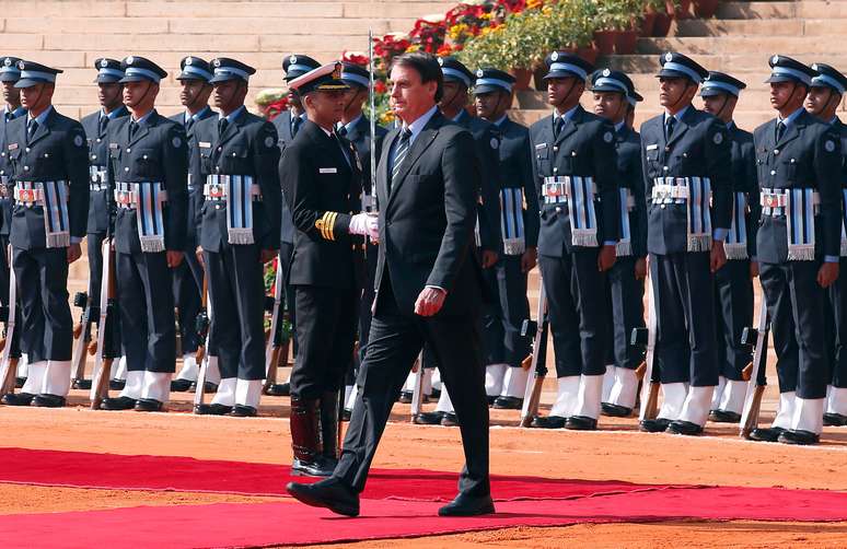 Presidente Jair Bolsonaro em cerimônia de recepção no Palácio Presidencial Rashtrapati Bhavan, em Nova Delhi