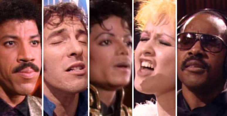 Lionel Richie, Bruce Springsteen, Michael Jackson, Cyndi Lauper e Stevie Wonder durante a gravação de 'We Are The World', em 1985.