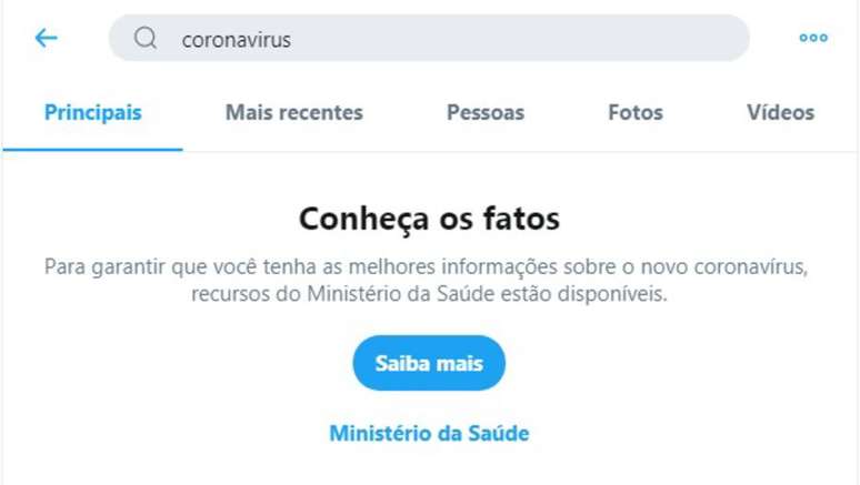 Busca pelo termo 'coronavírus' apresenta notificação que direciona para o Ministério da Saúde.