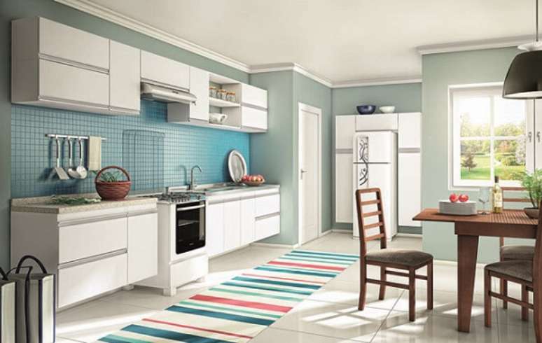 30. Cores para cozinha combinam com o revestimento em pastilhas.