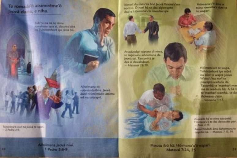 Folheto com conteúdo religioso na língua Xavante distribuído por missionários Testemunhas de Jeová em aldeias desse grupo indígena, no Mato Grosso