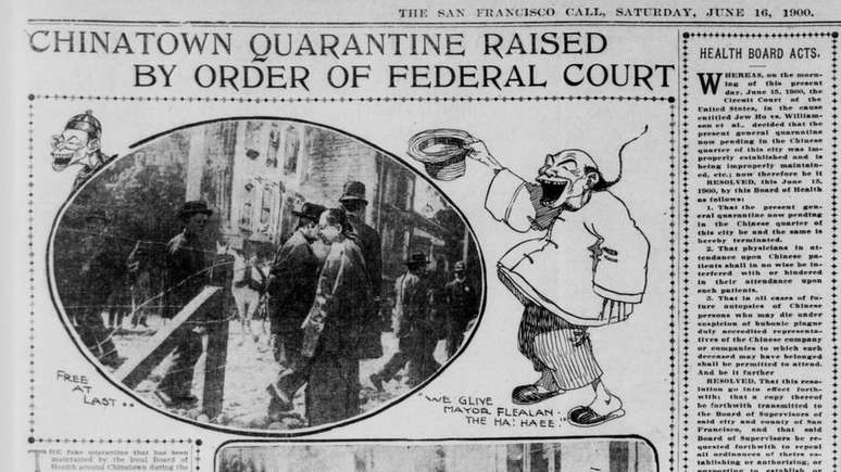 Ilustração e imagens em jornal californiano retratam moradores de Chinatown depois de fim de quarentena em 1900 — imposta após casos de peste bubônica