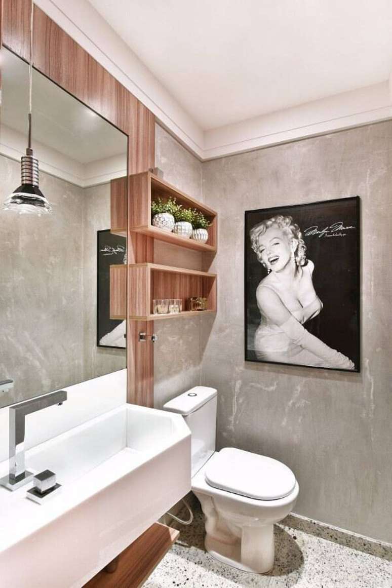 6. Invista em revestimentos para banheiro pequeno planejado que ajudem na sensação de amplitude – Foto: Tetriz Arquitetura e Interiores