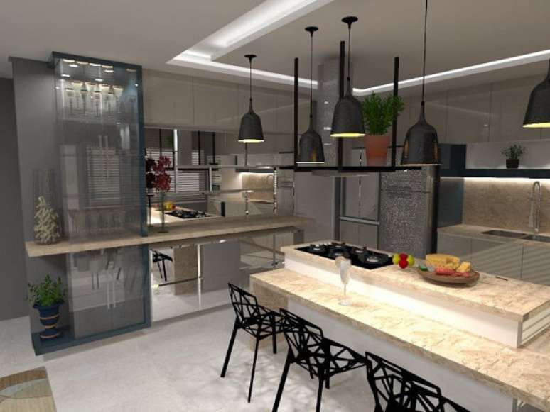 72. Cozinha com cadeiras de ferro preto e lumin&aacute;rias de teto em pendente &ndash; Projeto por Jackeline Tomaz