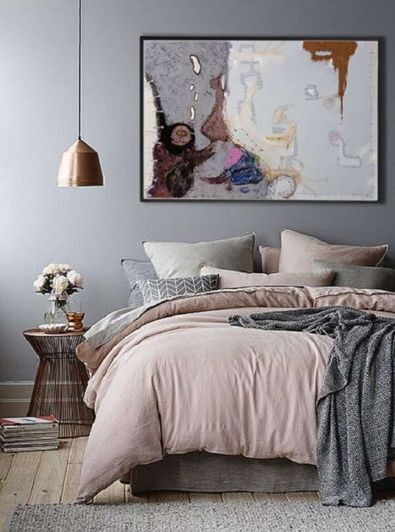 16- Os quadros para quarto em estilo abstrato s&atilde;o utilizados para colorir o ambiente. Fonte: Etsy