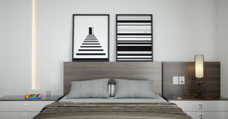 50- Os quadros para quarto moderno nas cores branca e preta combinam com a decora&ccedil;&atilde;o do ambiente. Fonte: Daniel Oliveira