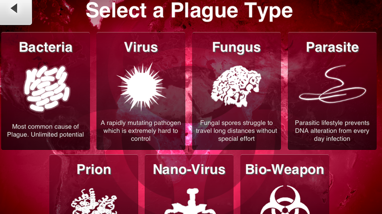 Tela do jogo Plague Inc. diz: 'Selecione um tipo de praga: bactéria; vírus; fungo; parasita; prion; nanovírus; arma biológica'