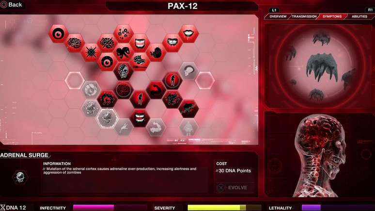 Tela do jogo Plague Inc. mostra montagem de 'vírus', com possibilidade de escolher sintomas, transmissão, letalidade