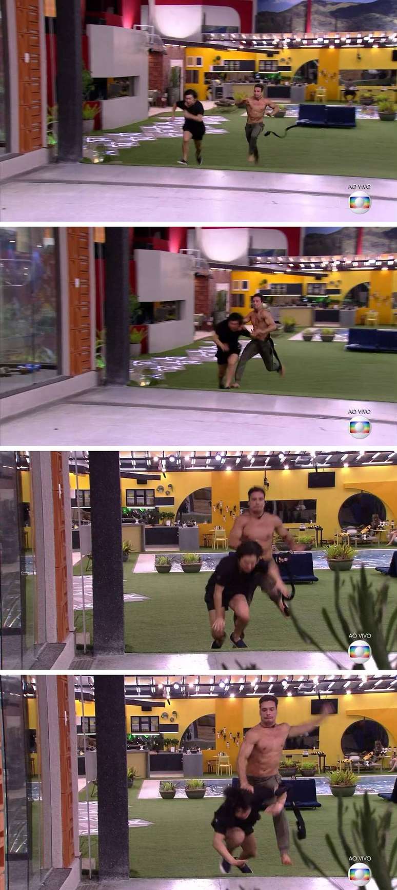 Momento em que Petrix Barbosa e Pyong Lee se esbarram na disputa para chegar antes ao Big Fone do 'BBB 20'.