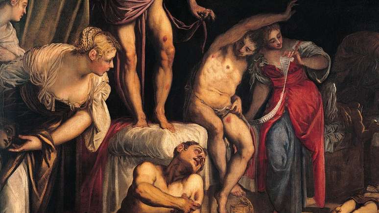 Mulheres cuidando das feridas dos afetados pela peste, em uma pintura de Jacopo Robusti, 1549