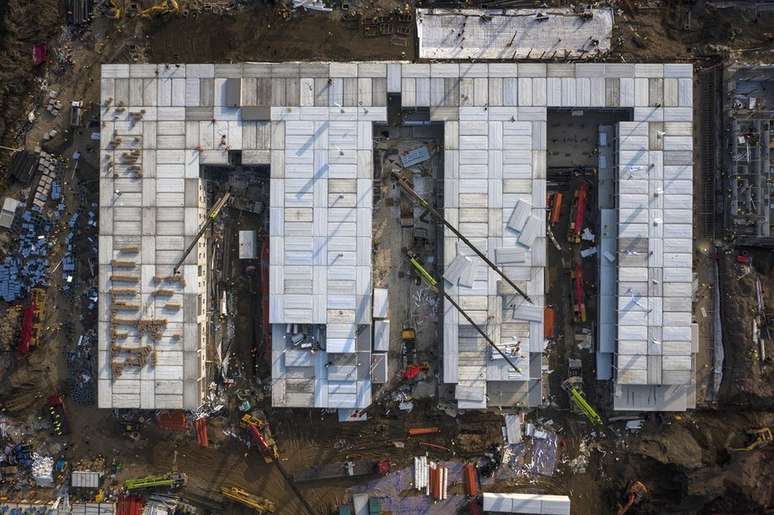 Vista aérea da construção do Hospital Huoshenshan