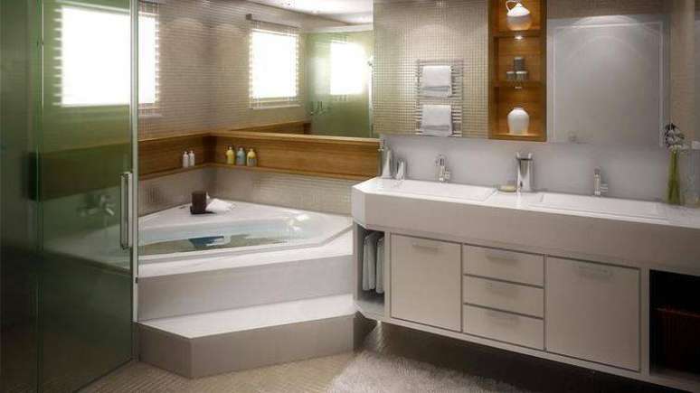 19. A cuba para banheiro dupla melhora o espa&ccedil;o para quem divide o banheiro. Projeto por Sabrina Schneider