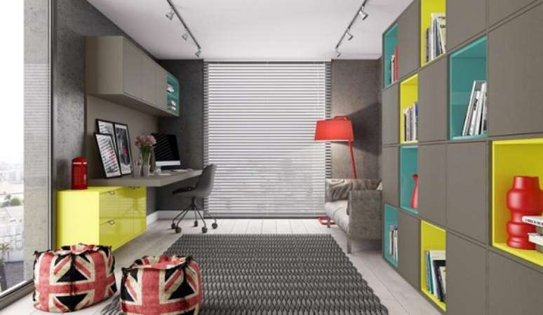51. Modelo de escrit&oacute;rio planejado com cores vibrantes e descontra&iacute;das. Fonte: Office e Home