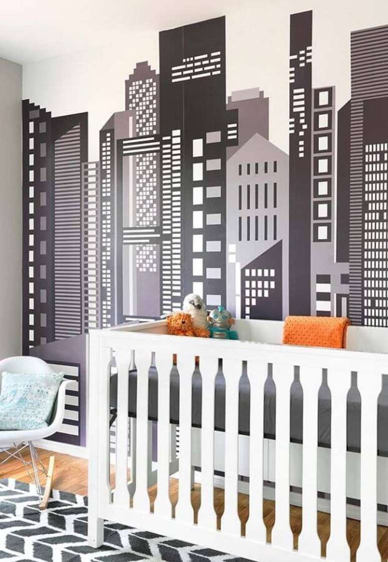 64. Papel de parede para quarto de bebê com estampa de prédios em preto e branco – Foto: Pinterest