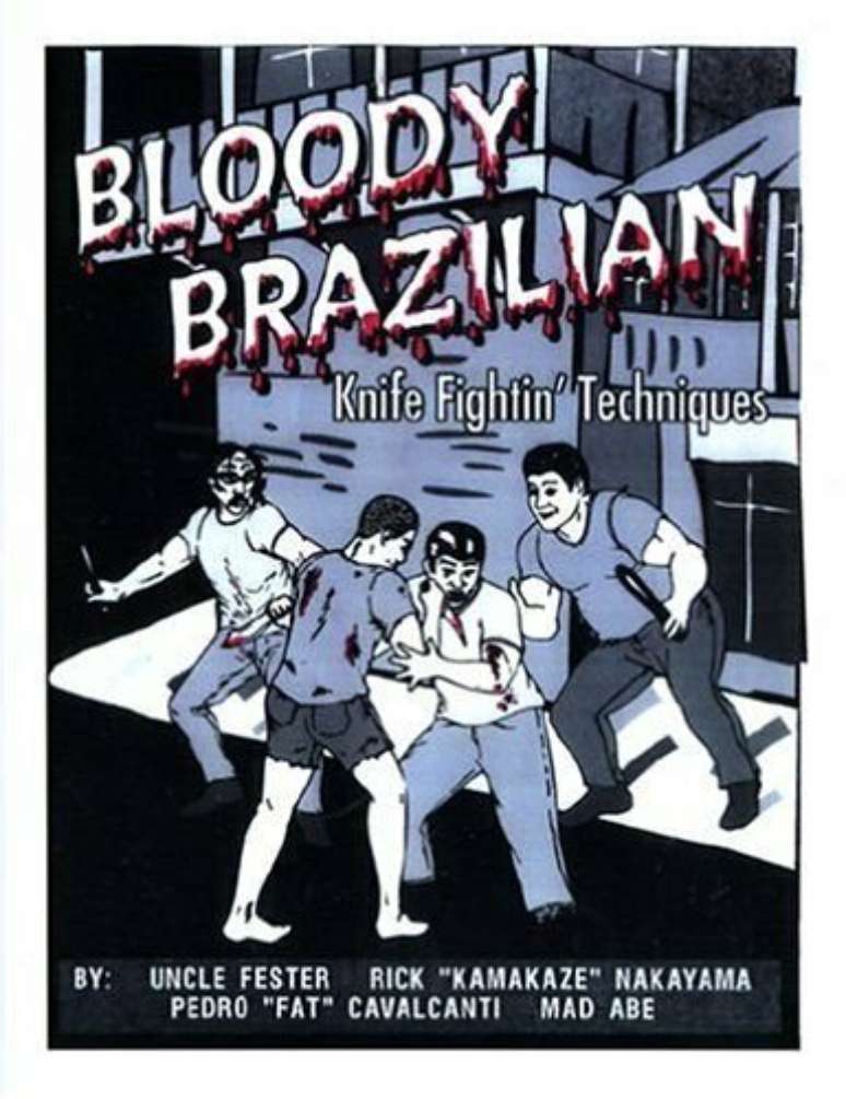 Capa da versão traduzida como "Bloody Brazilian Knife Fighting Techniques" - ou literalmente "Técnicas brasileiras sangrentas de luta com faca