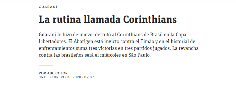 Manchete do jornal ABC, do Paraguai, exaltando a vitória e a invencibilidade do Guarani diante do Corinthians (Foto: Reprodução)