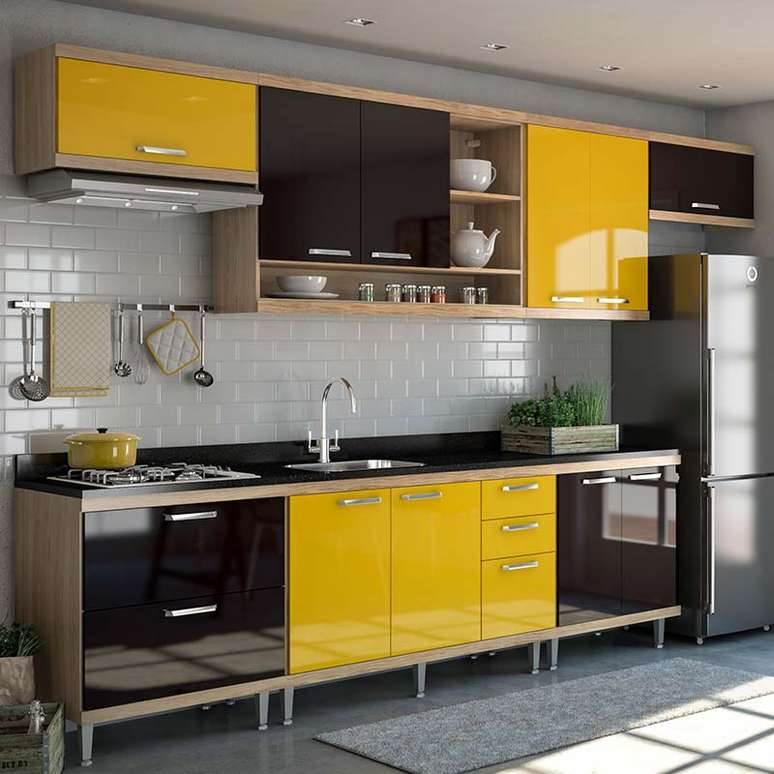 4. Armário de cozinha compacta em amarelo e preto – Via: Pinterest