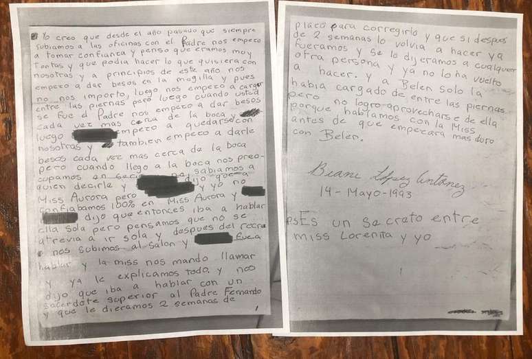 A carta (em espanhol) que, aos 10 anos, Biani L&oacute;pez Ant&uacute;nez escreveu para contar a uma professora que estava sendo abusada