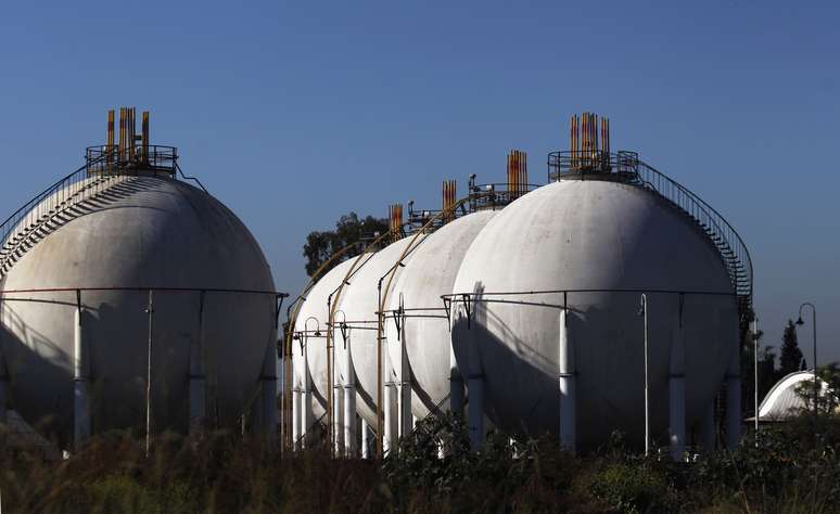 Tanques de g&aacute;s natural liquefeito em unidade de processamento em General Belgrano, Argentina 
19/04/2012
REUTERS/Marcos Brindicci