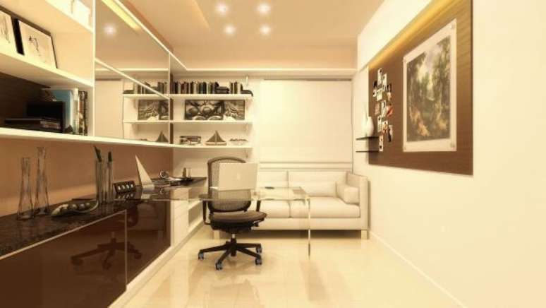 15. Sof&aacute; para escrit&oacute;rio em tons terrosos &ndash; Projeto: Claudia Eduardo