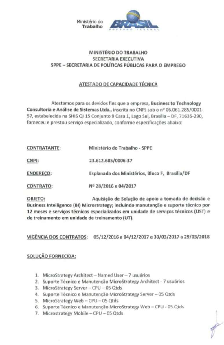 Documento acessado pelo 'Estado' que atesta a capacidade técnica da B2T pelo extinto Ministério do Trabalho em 2018