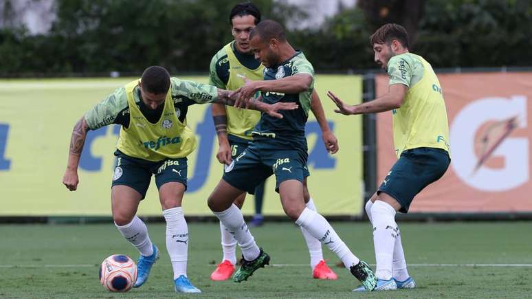 Viña (à direita) em seu primeiro treino com o elenco do Palmeiras (Foto: Divulgação/Cesar Greco)