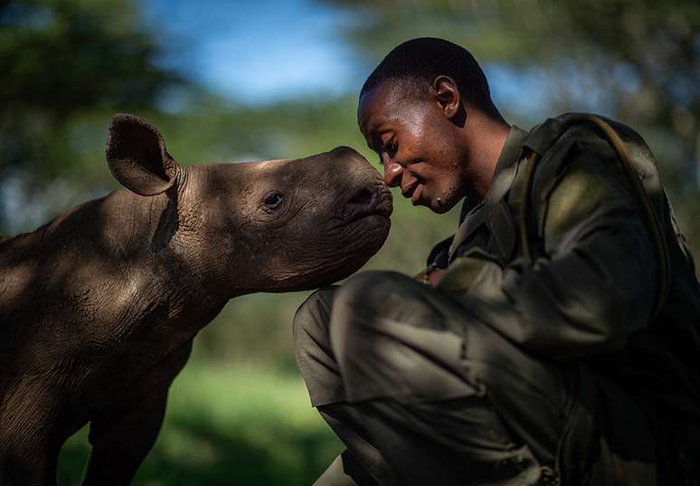 Martin Buzora capturou a cena comovente de um guarda florestal com um filhote de rinoceronte negro