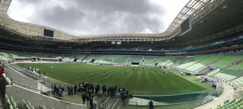 Palmeiras fez o primeiro teste no gramado sintético do Allianz Parque, nesta quarta (Foto: Thiago Ferri)